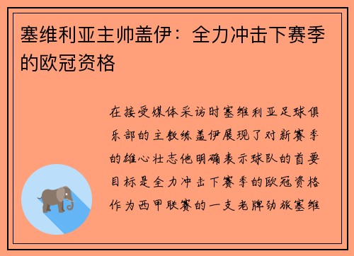 塞维利亚主帅盖伊：全力冲击下赛季的欧冠资格