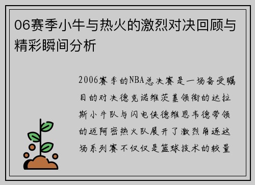 06赛季小牛与热火的激烈对决回顾与精彩瞬间分析
